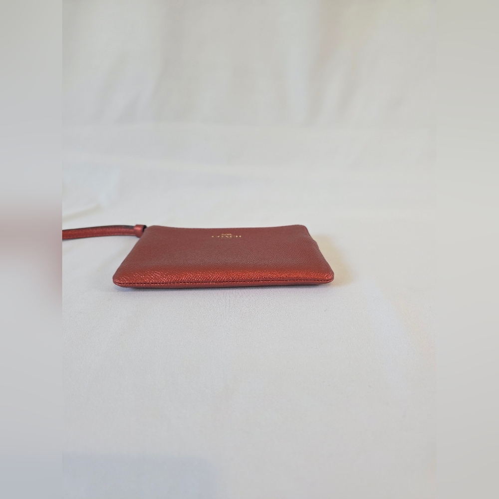 Coach Leather Wristlet Corner Zip Metallic Red Cherry Maroon Rust Wallet Clutch - Picture 5 of 10